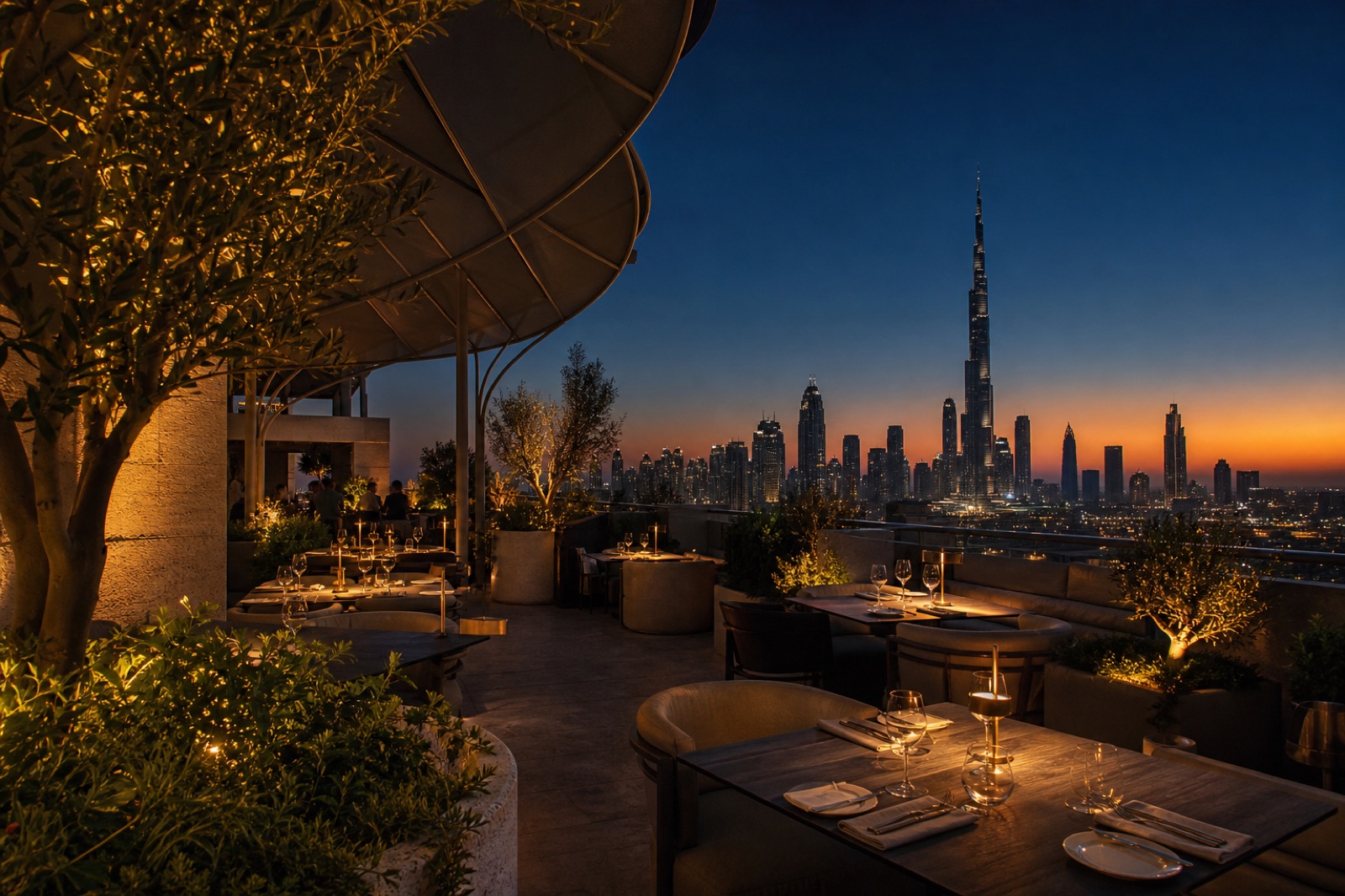 Atmospheric rooftop restaurant at night